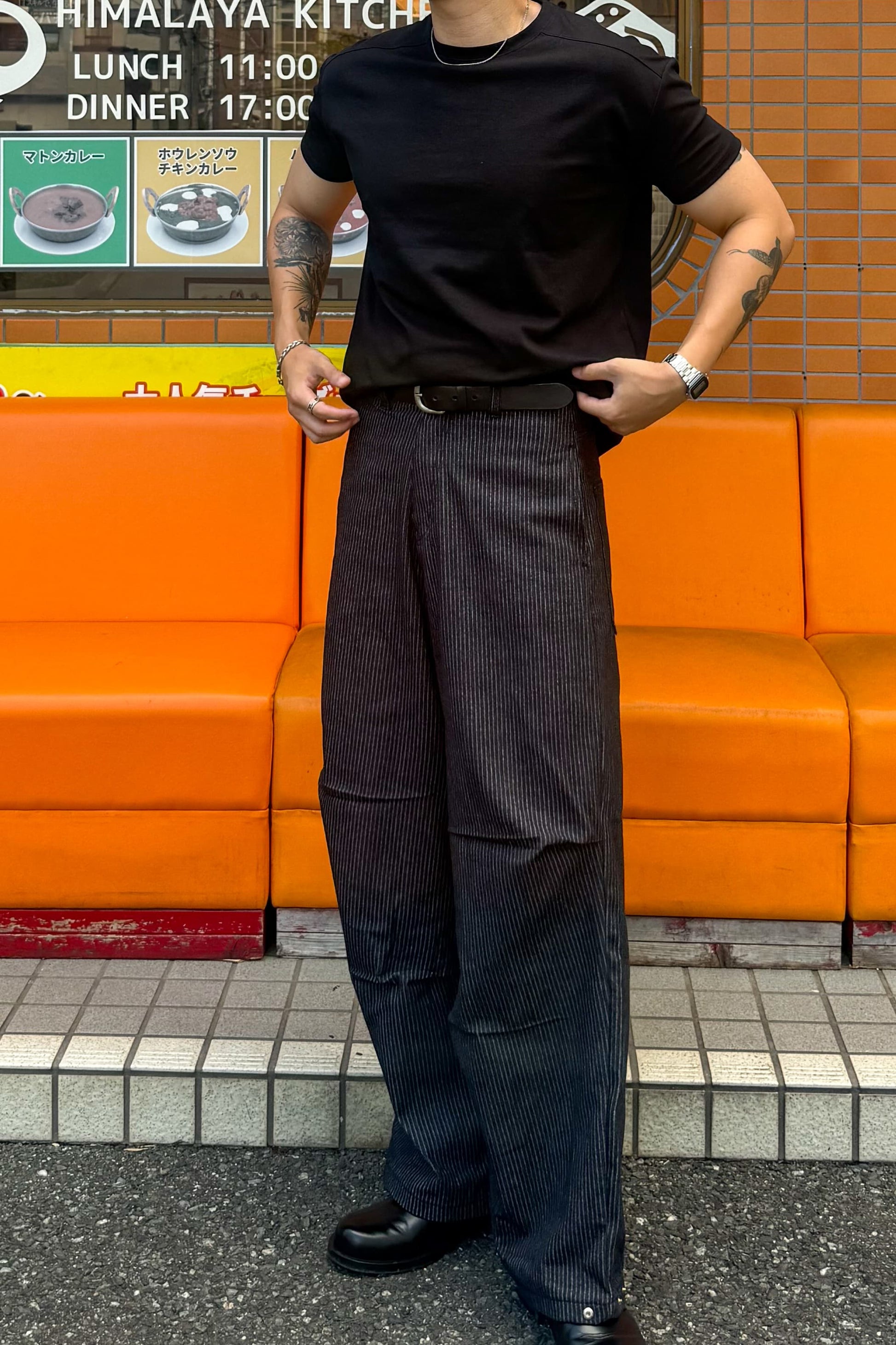 韓国ファッションメンズ　メンズファッション　ストリート系　ワイドデニムパンツ　バギージンズ　ワイドパンツ　バギーパンツ ストライプパンツ